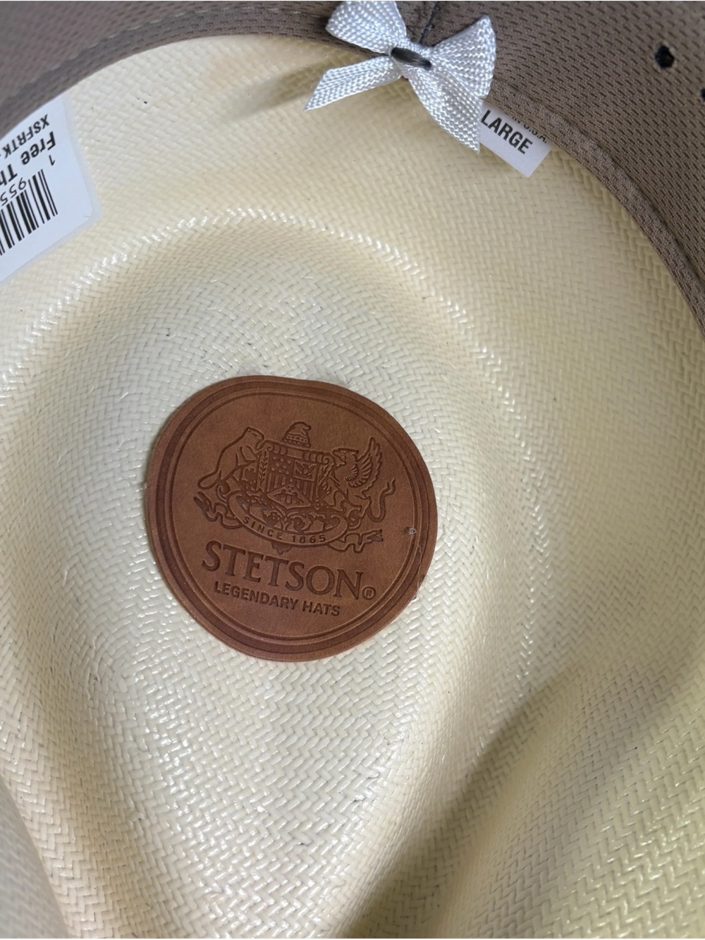 Stetson White Straw Fedora with Olive Band and Charm - Picture 4 of 4